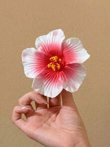 10件/組夏威夷木槿花與蓮花髮夾－優雅布藝花朵抓夾，適合夏季海灘度假、派對與波希米亞造型髮夾 - 白紅漸變 - 查看 5