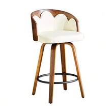 Juego de 2 taburetes de bar con respaldo estampado floral, madera curvada, piel sintética, reposapiés de metal, estilo moderno. - Blanco - Ver 1