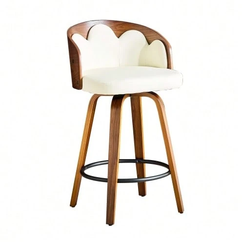 Juego de 2 taburetes de bar con respaldo estampado floral, madera curvada, piel sintética, reposapiés de metal, estilo moderno. - Blanco - Ver 1