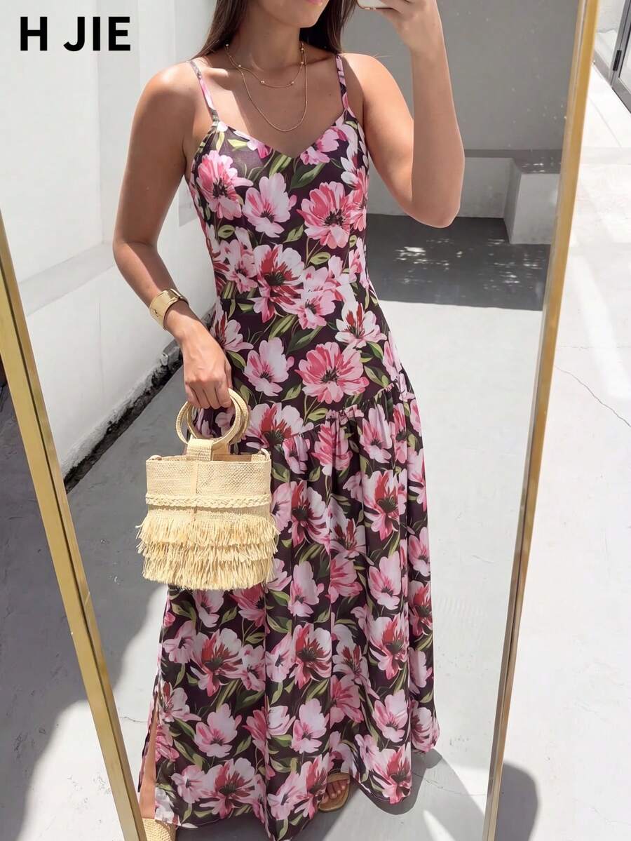 Women's Boho Floral V-Neck Sleeveless Long Dress, Woven Fabric Fitted Sundress For Summer Vacations - Blush Crush - View 1