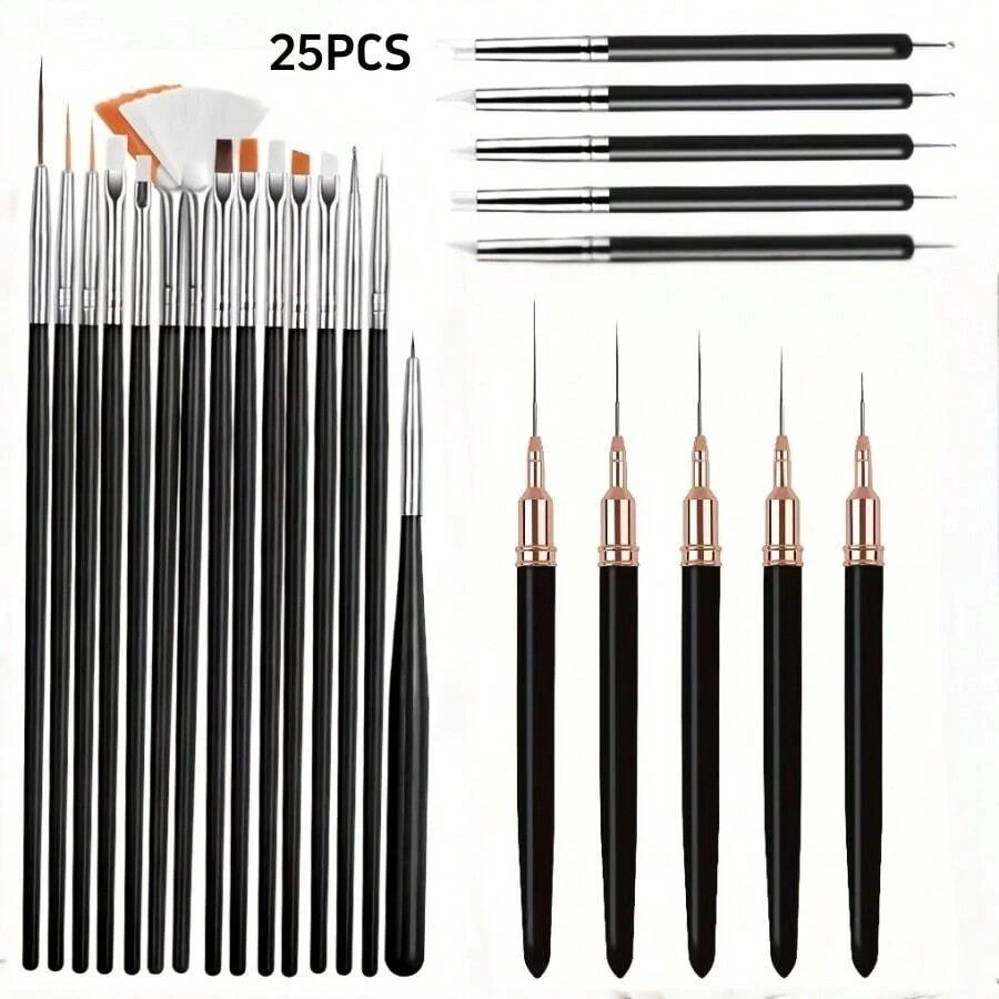 25 Buah Perlengkapan Manikur Gagang Hitam dengan Kuas Panjang untuk Detail dan Kuas Kipas untuk Desain Kuku Bunga dan Gradien - Hitam - View 1