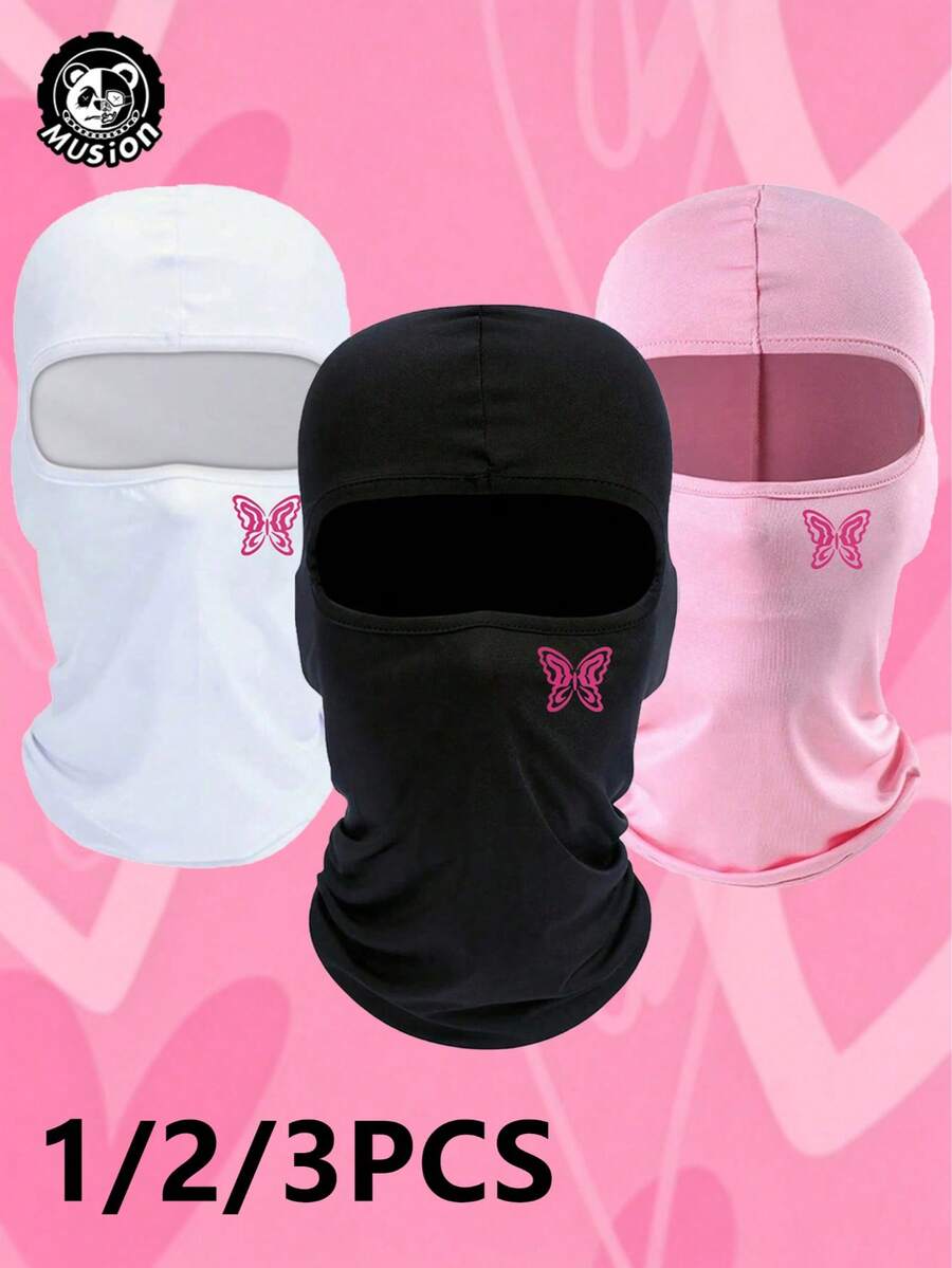 Musion 1/2/3pcs Pink Butterfly Print Balaclava, Breathable Mesh Full Face Ski Mask, Y2K Street Style Cycling Motorcycle And Daily Fashion Headwear - Multicolor - View 1