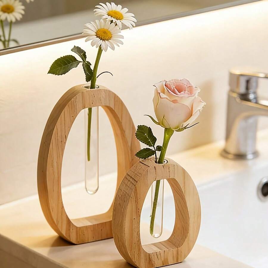 Oval Hollow Wooden Test Tube Vase, Minimalist Glass Tube Flower Arrangement Stand, Creative Home Desktop Decor Hydroponic Plant Vase, Suitable For Roses And Daisies - Multicolor - View 1