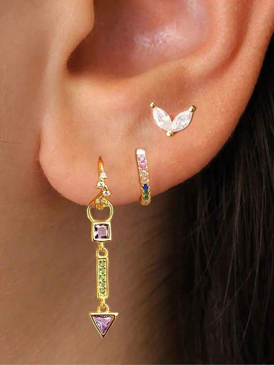 3pcs/Set Pendientes de acero inoxidable chapados en oro de 18K con forma de gota de agua triangular y circonita cúbica, regalo de joyería de moda creativa para fiestas de mujeres - Juego de pendientes de 3 piezas. - Ver 1
