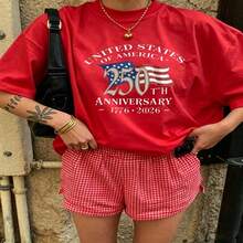 Heartfelt Daily Casual Graphic T-Shirt 100% Cotton Oversized Soft Breathable Casual Crewneck Short Sleeve Top Vintage Red Checkered Shorts Aesthetic Daily  Basic Casual Wearers Fashion Lovers Daily Outfit Enthusiasts Gift Givers - 紅色 - 查看 18