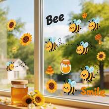 1/3/5pcs Cute Bee Sunflower Static Window Sticker. Honey Jar Honeycomb "Bee Smile" . No Adhesive Vinyl Decal For Living Room, Kids Room Window Glass Door, Party Home Decor. - Multicolor - View 1