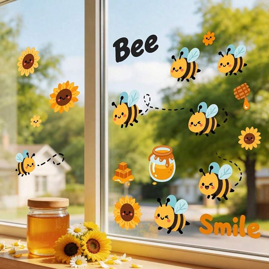 1/3/5pcs Cute Bee Sunflower Static Window Sticker. Honey Jar Honeycomb "Bee Smile" . No Adhesive Vinyl Decal For Living Room, Kids Room Window Glass Door, Party Home Decor. - Multicolor - View 1