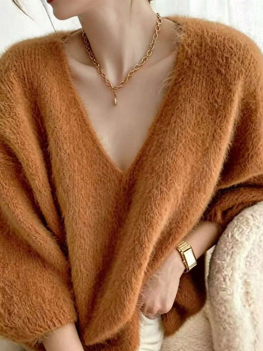 Casual V-Neck Solid Color Fine Velvet Knit Sweater - Mocha Brown - View 1