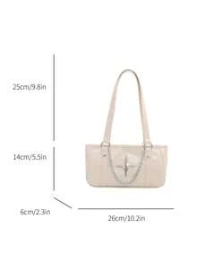 1pc White Summer New Metal Star Hardware Chain Decor Solid Color PU Baguette Bag Women's Shoulder Bag - White - View 6
