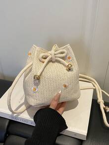 1個迷你花卉刺繡抽繩細節度假草編錢包，草編沙灘包，海灘必需品，海灘用品，沙灘包與夏季必需品 - 米色 - 查看 8
