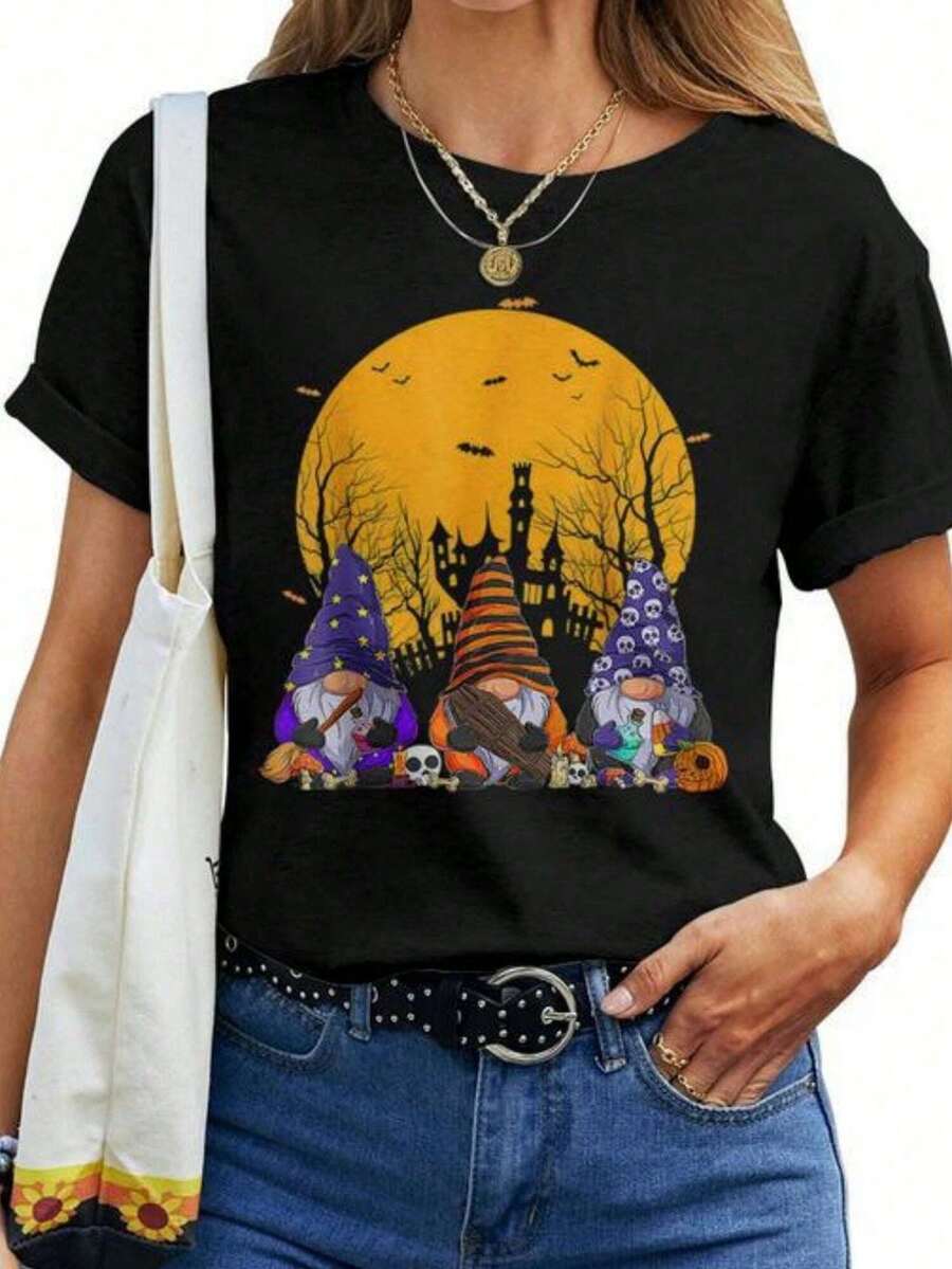 Tres gnomos, calabaza de maíz de caramelo de Halloween feliz, camiseta de mujer feliz de Halloween Mazezy DE
