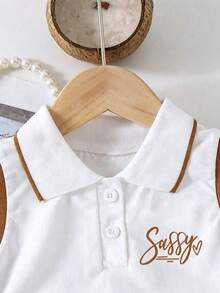 Atasan Tank Top dan Rok Lipit dengan Motif Huruf dan Trim Kontras untuk Anak Perempuan - Putih - View 4