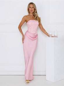 Elegant Women Sexy Pleated Decor Dress, Cocktail Party Gown, Cute Party Dress, Mermaid Style Long Cocktail Dress, Woven Fabric, Backless Party Style Wedding Spring Pink - Pink - View 2