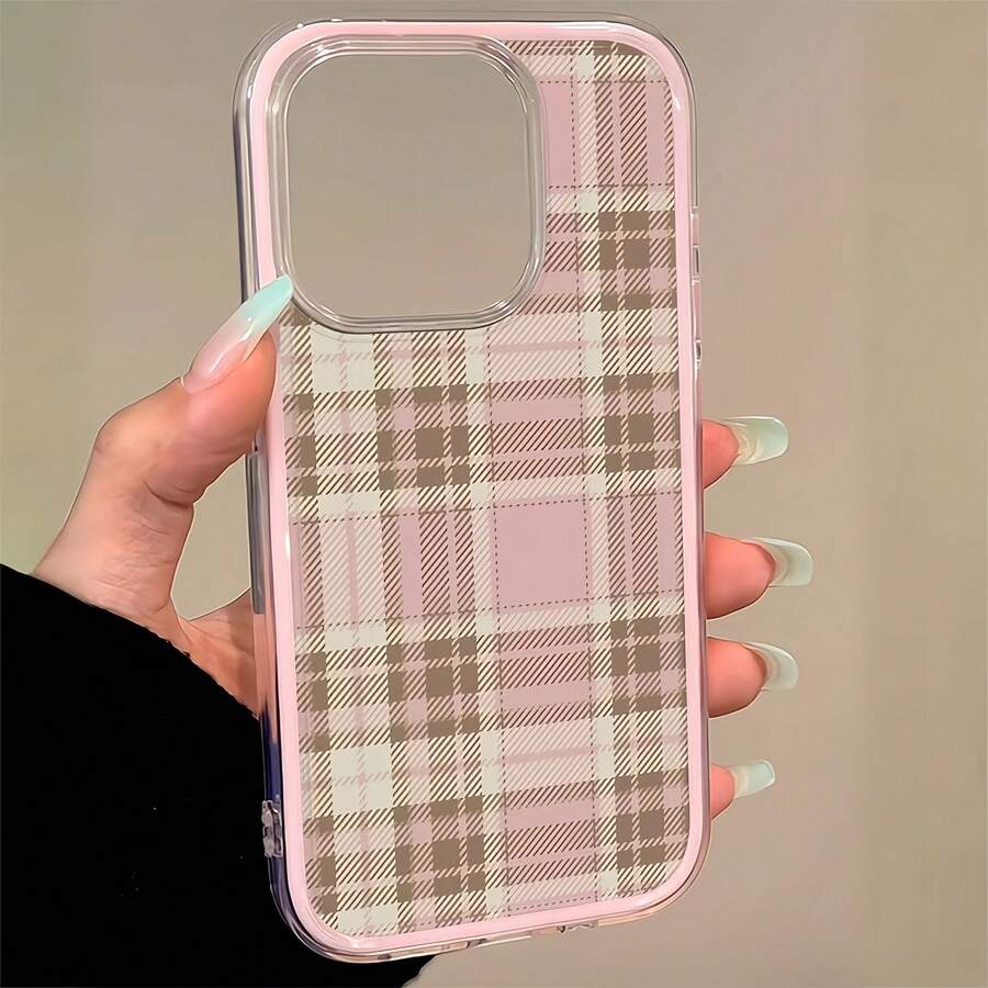 1pc Pink Frame Transparent Minimalist Lens Protection Anti-Drop Anti-Collision Minimalist Milk Tea Pink Fine Grid Pattern Phone Case Personalized Compatible With IPhone 16 Pro Max 17/16/15/14 Plus/13/12/11 Protective Case Air Compatible With Samsung Series - Multicolor - View 1