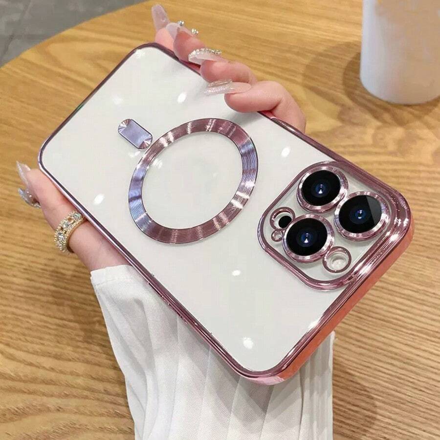 1pc Electroplated Magnetic Full Coverage Phone Case, Compatible With IPhone 17, Air, 16 Pro, 15 Pro Max, 14 Pro Max, 13, 12, 11, XS Max, 8, 8 Plus, Soft Shell - Rose Gold - View 1