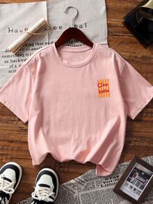 1pc Printed Pullover Short Sleeve T-Shirt For Tween Girl, Student Youth Tween Girl Summer Clothing Top - Pink - View 3