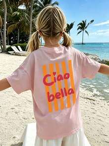 1pc Printed Pullover Short Sleeve T-Shirt For Tween Girl, Student Youth Tween Girl Summer Clothing Top - Pink - View 2