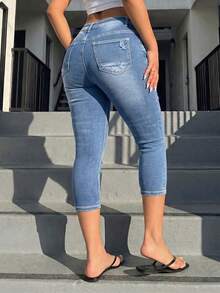 Jkorea High Waisted Capri Jeans - Light Wash Slim Fit Cropped Skinny Denim - 中等水洗藍1 - 查看 2