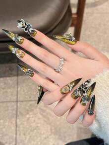 10pcs Handmade Pressed Long Pointed Fake Nails, [Black Gold Butterfly] Hand-Applied High-End Durable Cat Eye Gothic Style 3D Rhinestone Butterfly, Elegant And Charming, Perfect Choice For Banquet And Party - Gold - View 3