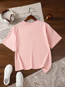 Camiseta de manga corta y cuello redondo con estampado de cara sonriente y guiñando el ojo con el lema en inglés "Beautiful Day" para mujer de talla grande, top holgado color rosa - Rosa - Ver 5
