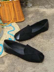 Women's Fashion Colorblock Square Toe Ballet Flats, Elegant Style, Spring/Autumn Daily Commute Black Flat Shoes - Black Suede - View 7