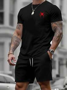 Camiseta de manga corta para hombre, de algodón estampado, ligera y cómoda para uso diario. No es un conjunto, solo los pantalones para referencia de combinación. - Negro - Ver 1