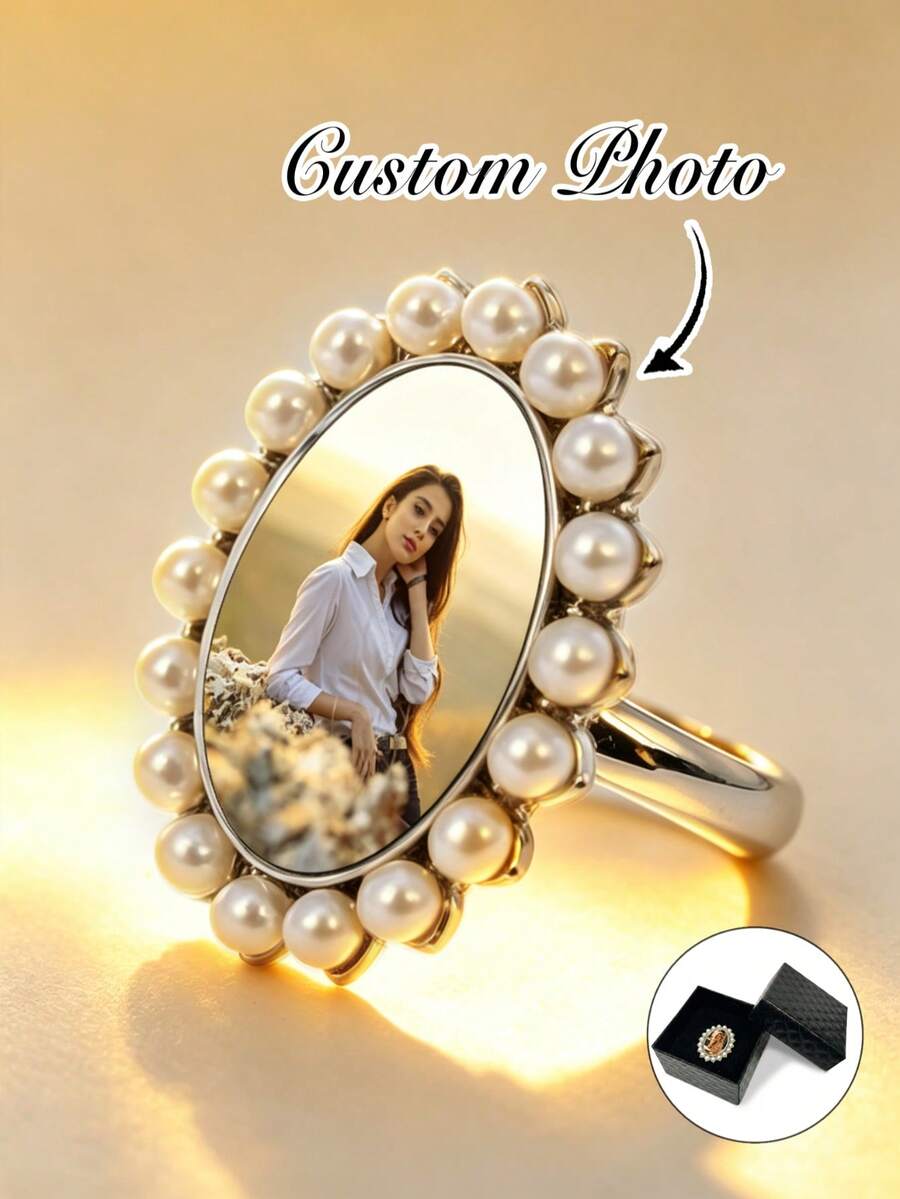 1pc Adjustable Size Pearl Ring, Customized Photo, Personalized Pearl Ring, Personalized Gift, Birthday Gift For Her, Women's Ring - Silver - View 1