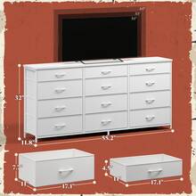 55" Long Dresser With 3 Small And 9 Large Fabric Drawers & Solid Wood Top, TV Stand For Up To 60" TV, Rustic Brown Storage Organizer With Metal Frame For Bedroom & Living Room, Rust Brown, White - trắng - Xem 5