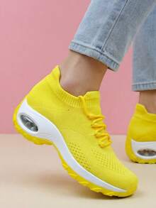Pantofi sport casual tip șosetă pentru femei, gri deschis, din tricot, slip-on cu șiret, cu pernuță de aer și absorbție a șocurilor, ușori și respirabili, pantofi de dans - stq1862 galben - Vizualizare 6