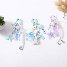 1pc Cute Iridescent Resin Star Keychain, Mixed Color Beads Floral Round Ring Heart Moon Pendant Bag Charm, Cute Teen Backpack Accessory Christmas Gift - Multicolor - View 2