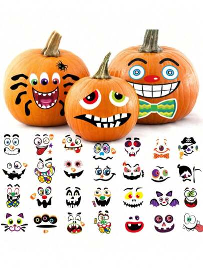 1/32/64pcs Halloween Pumpkin Decorative Stickers, Includes 32 Funny Expressions, Suitable For Small Pumpkins, Halloween Crafts, Party Favors, Trick Or Treat Activities, Stationery, Cups, Luggage Decoration