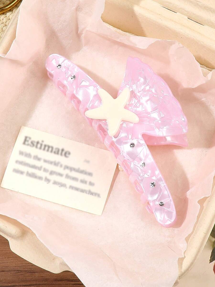 1件裝粉色水鑽亮片3D海星與貝殼造型不對稱髮夾,適用後腦盤髮、半紮高頂馬尾,波西米亞甜美活力清新海灘風,可愛旅行度假約會逛街下午茶髮飾,海灘度假髮夾 - 彩色 - 查看 1