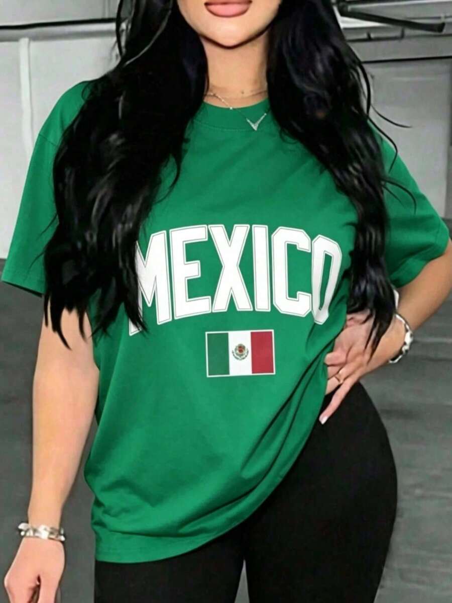 Women's Blouses, Plus Size Soft Cotton T-Shirt For Women With Mexican Flag Print, Gift For Travel Lovers, Fashionable Outfit, Summer Dresses For Women - 綠色 - 查看 1
