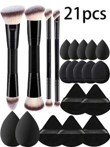 YZIMENG 21pcs Makeup Tool Set 4pcs Dual-Ended Makeup Brushes + 17pcs Makeup Sponges, With Angled And Tapered Design Foundation Brush, Contour Brush, Blush Brush, Powder Brush, Eyeshadow Brush, Concealer Brush, Highlighter Brush, Blending Brush. Soft Fiber Bristles, Face Powder Puff, Reusable Powder Puff, Face And Eye Makeup Powder Puff, - Black - View 1