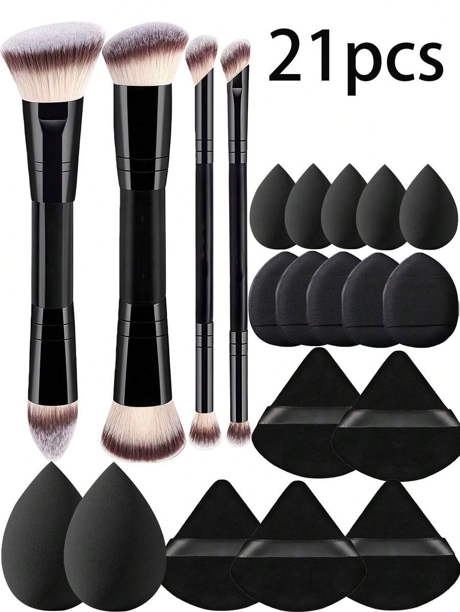 YZIMENG 21pcs Makeup Tool Set 4pcs Dual-Ended Makeup Brushes + 17pcs Makeup Sponges, With Angled And Tapered Design Foundation Brush, Contour Brush, Blush Brush, Powder Brush, Eyeshadow Brush, Concealer Brush, Highlighter Brush, Blending Brush. Soft Fiber Bristles, Face Powder Puff, Reusable Powder Puff, Face And Eye Makeup Powder Puff, - Black - View 1