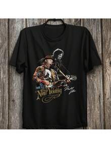 Men'S Neil Young/ Buffalo Springfield/ Crazy Horse Vintage Rock T-Shirt| Black Printed Short Sleeve, Featuring Guitar& Signature Graphic, Allseason Wear, Machine Washable - Negro - Ver 1