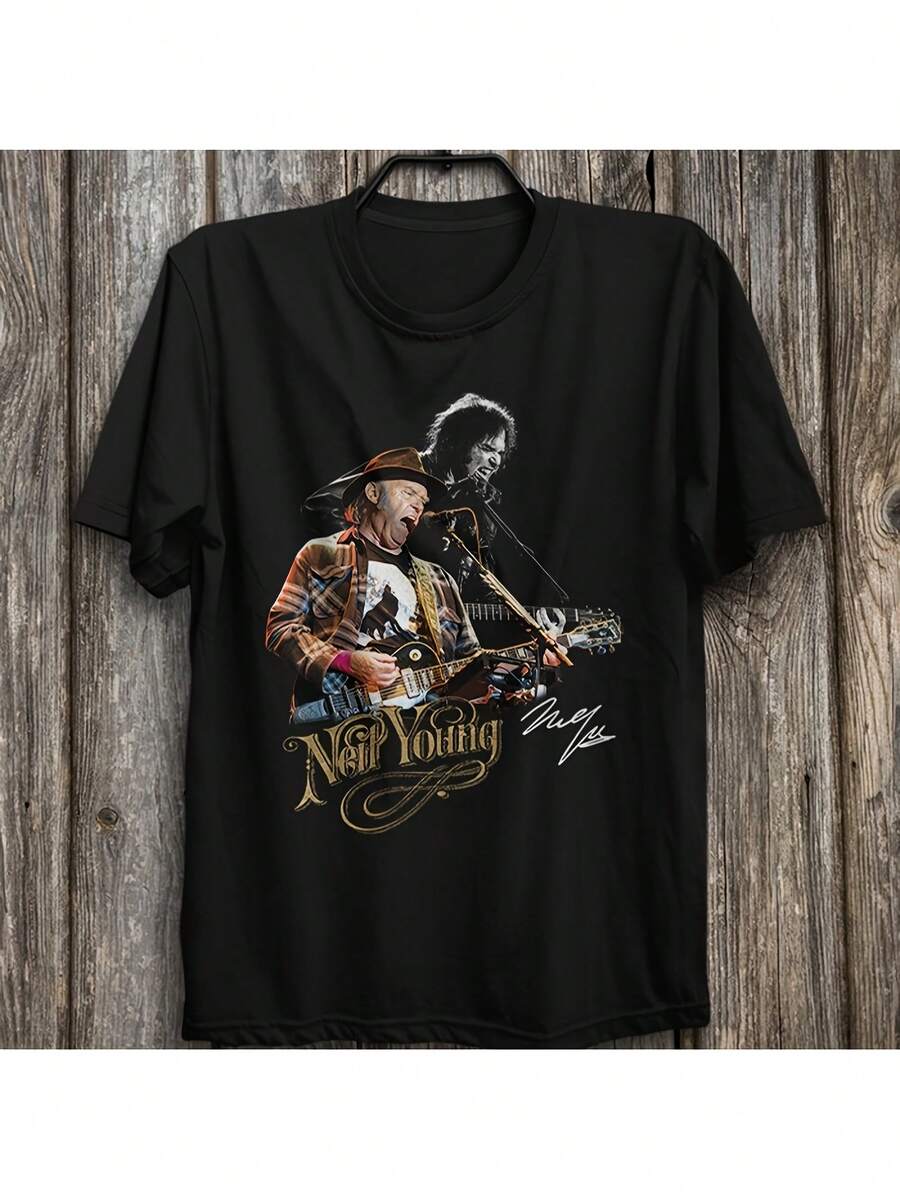 Men'S Neil Young/ Buffalo Springfield/ Crazy Horse Vintage Rock T-Shirt| Black Printed Short Sleeve, Featuring Guitar& Signature Graphic, Allseason Wear, Machine Washable - Negro - Ver 1