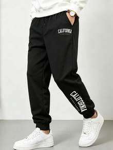 [Plus Size Men's]Men's Drawstring Sweatpants, Thin Elastic Waist Sports Long Pants, Breathable Letter Print, Autumn/Winter Style - Black - View 1