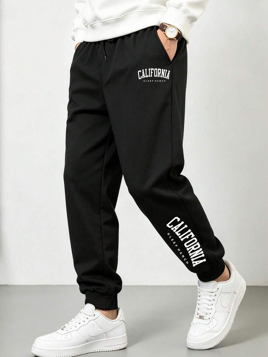 [Plus Size Men's]Men's Drawstring Sweatpants, Thin Elastic Waist Sports Long Pants, Breathable Letter Print, Autumn/Winter Style - Black - View 1
