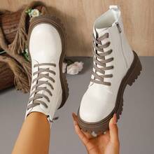 Women's Off White Contrast Brown Lace Combat Boots, Inner Side Zipper Chunky Lug Platform Mid Calf Moto Booties - White - View 5