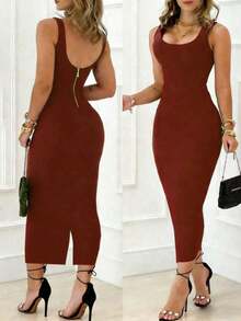 Elegante vestido ajustado para mujer - Diseño sin mangas con tirantes finos, perfecto para el verano en color negro - Marrón Chocolate - Ver 1
