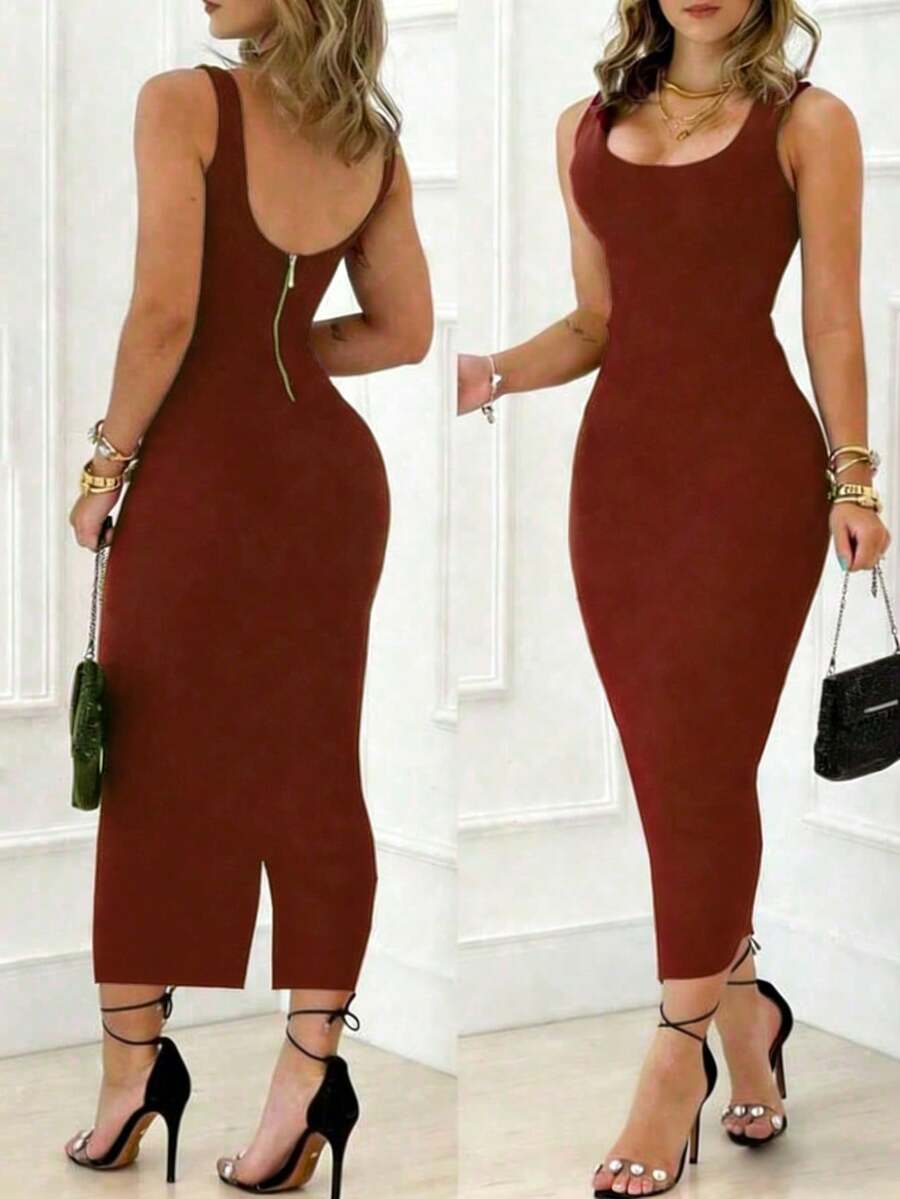 Elegante vestido ajustado para mujer - Diseño sin mangas con tirantes finos, perfecto para el verano en color negro - Marrón Chocolate - Ver 1