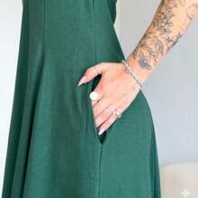 Long, Flared Dress, 100% Cotton, With Pocket And Slit. - 棕櫚 - 查看 3