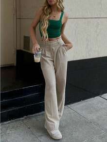 Women's Solid Color Casual Straight Leg Pants, Suitable For Beach & Holiday - Khaki - View 3