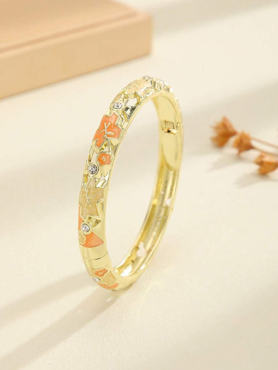 1件時尚新款鍍金精緻水鑽花卉圖案琺瑯掐絲手鐲飾品，女孩女性禮物，黃色 - 杏色 - 查看 1
