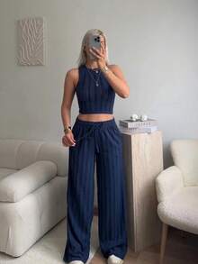 Women's Fitted Tank Top With Reverse Seam Crop Top And Wide Leg Pants 2 Pieces Set - Navy Blue - View 5