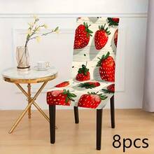 Universal Size Strawberry Print Stretch Chair Covers, Packs(1/2/4/6/8Pcs), Two Designs: Full Strawberry & Red Gingham Strawberry, High Elastic Full Wrap Washable, 2D Printed, Easy Install For Kitchen, Party Decor & Gifts. - Multicolor - View 18