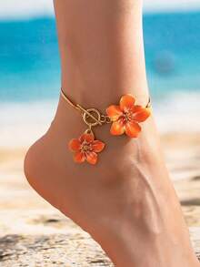 1pc Fashion White Spray Paint Flower Minimalist Elegant Personalized Women's Anklet Suitable For Vacation And Party - Orange Frangipani Latte Art - View 6