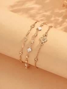 3 piezas Tobillera de moda multicapa con decoración de trébol y strass transparente para mujeres, adecuada para uso diario, fiestas, playa, vacaciones y viajes, cadena hecha a mano cortada a medida con número variable de cuentas - Dorado - Ver 3