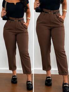 Women's High-Waisted Tailored Trousers With Belt | Elegant Formal Trousers With Pocket And Side Zipper - 03棕色 - 查看 1